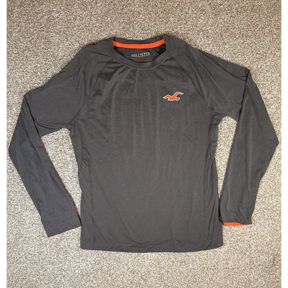 Hollister Men's Vintage Long Sleeve Crewneck Tee Gray Logo Casual Top M Y2K